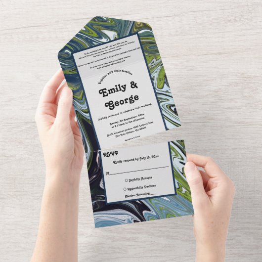 Modern Green Blue Earth Tone Abstract Art Wedding All In One Uitnodiging (Afscheurbaar)