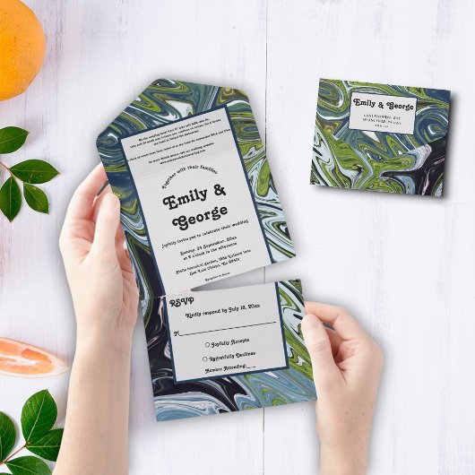 Modern Green Blue Earth Tone Abstract Art Wedding All In One Uitnodiging