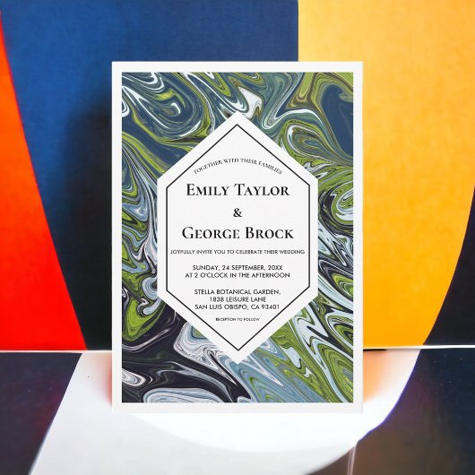 Modern Green Blue Earth Tone Abstract Art Wedding Kaart