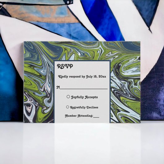 Modern Green Blue Earth Tone Abstract Art Wedding RSVP Kaartje
