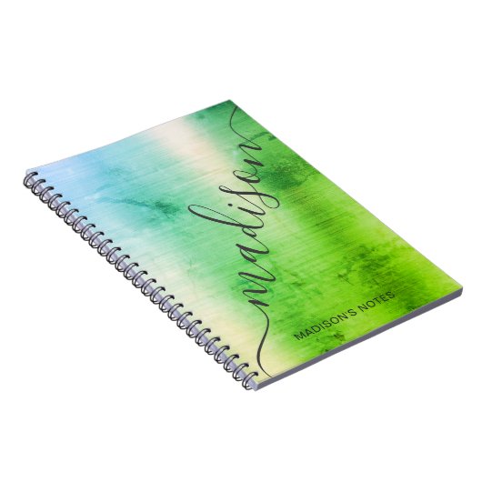 Modern Green Blue Ombre Metal Monogram Script Notitieboek (Rechterzijde)