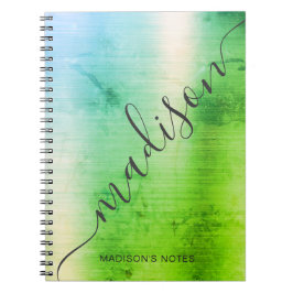 Modern Green Blue Ombre Metal Monogram Script Notitieboek