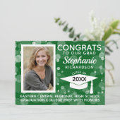 Modern Green Bokeh Bubbles Photo Afstuderen Kaart (Staand voorkant)