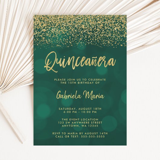 Modern Green Bokeh Gold Glitter Quinceanera Kaart