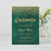 Modern Green Bokeh Gold Glitter Quinceanera Kaart (Staand voorkant)