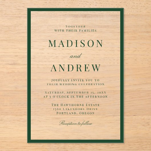 Modern Green Border Wedding Acryl Uitnodigingen (Voorkant)