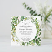 Modern Green Botanical 100th Birthday Invitation Kaart (Staand voorkant)