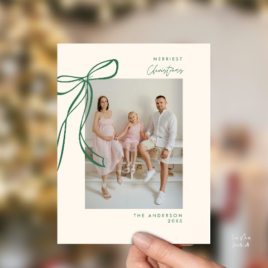 Modern Green Bow Familie Foto Kerstgroet Briefkaart