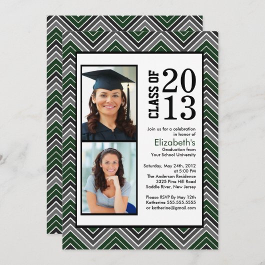 Modern green Chevron Stripes Photo Afstuderen Kaart (Voorkant / Achterkant)