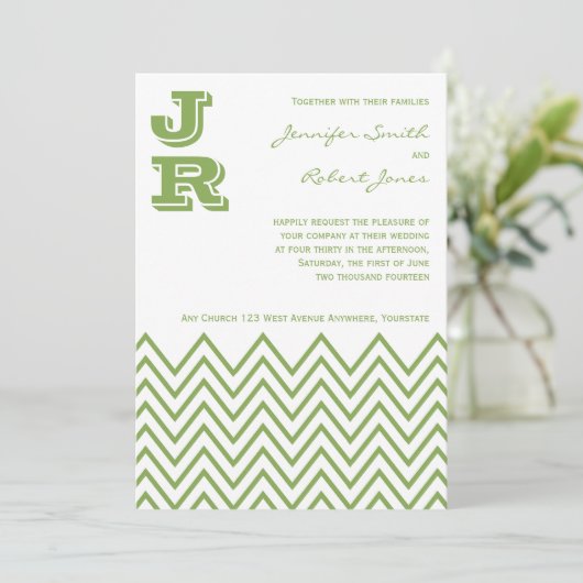 Modern Green Chevron Wedding Invitation Kaart (Staand voorkant)