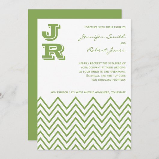 Modern Green Chevron Wedding Invitation Kaart (Voorkant / Achterkant)