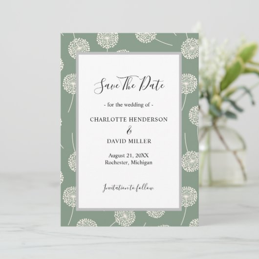 Modern Green Dandelion Save the Date (Staand voorkant)