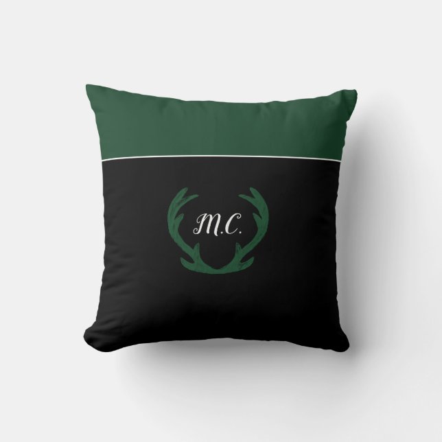 Modern Green Deer Antlers Monogram Kussen (Voorkant)
