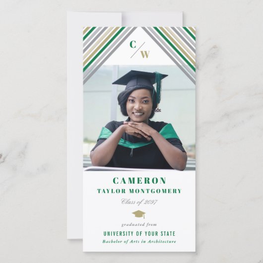 Modern Green Diagonal Stripes Photo Afstuderen Aankondiging (Voorkant)