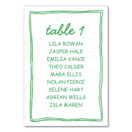 Modern Green Doodle Wedding Seating Chart Card Kaart (Voorkant)