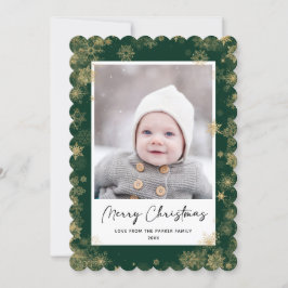 Modern Green Elegant Script Snowflakes Bokeh Feestdagenkaart