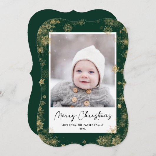 Modern Green Elegant Script Snowflakes Bokeh Feestdagenkaart (Voorkant / Achterkant)