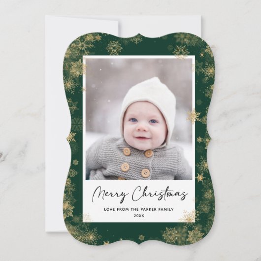 Modern Green Elegant Script Snowflakes Bokeh Feestdagenkaart (Voorkant)