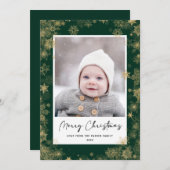 Modern Green Elegant Script Snowflakes Bokeh Feestdagenkaart (Voorkant / Achterkant)