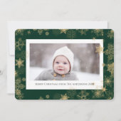 Modern Green Elegant Script Snowflakes Bokeh Feestdagenkaart (Voorkant)