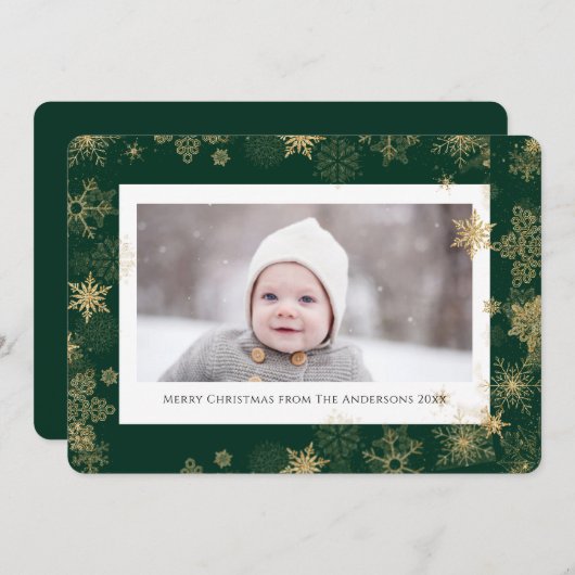 Modern Green Elegant Script Snowflakes Bokeh Feestdagenkaart (Voorkant / Achterkant)