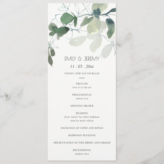 MODERN GREEN EUCALYPTUS FOLIAGE WATERVERF PROGRAMM MENU (Voorkant)