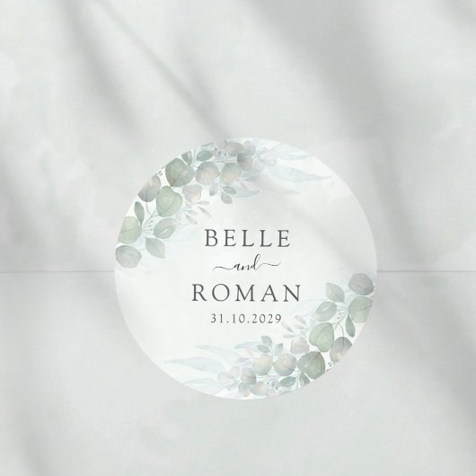 Modern Green Eucalyptus Watercolor Wedding Ronde Sticker