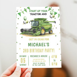 Modern Green Farm Tractor 3rd Birthday Invitation Kaart