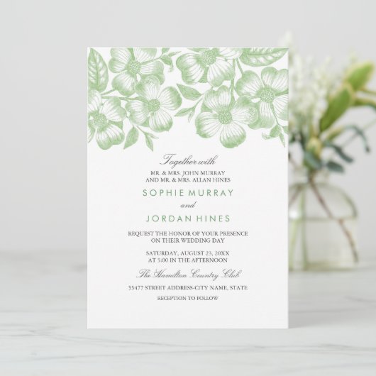 Modern Green Floral Wedding Invitation Kaart (Staand voorkant)