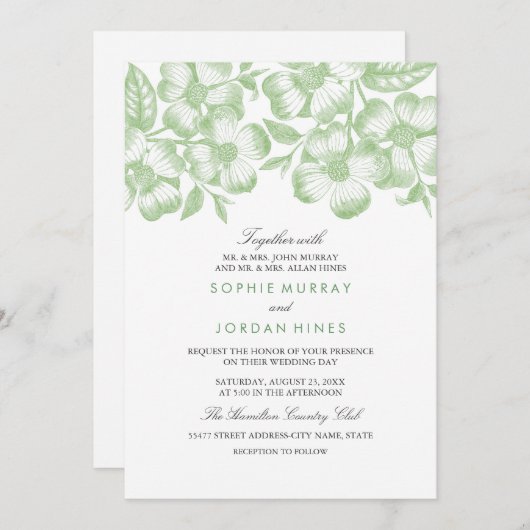 Modern Green Floral Wedding Invitation Kaart (Voorkant / Achterkant)