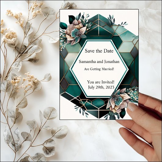 Modern Green Geometric Design Save the Date Card Kaart
