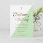 Modern Green Gold 1st Birthday Christening Kaart (Staand voorkant)