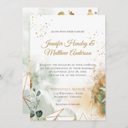 Modern Green Gold Botanical Geometric Wedding Kaart (Voorkant / Achterkant)