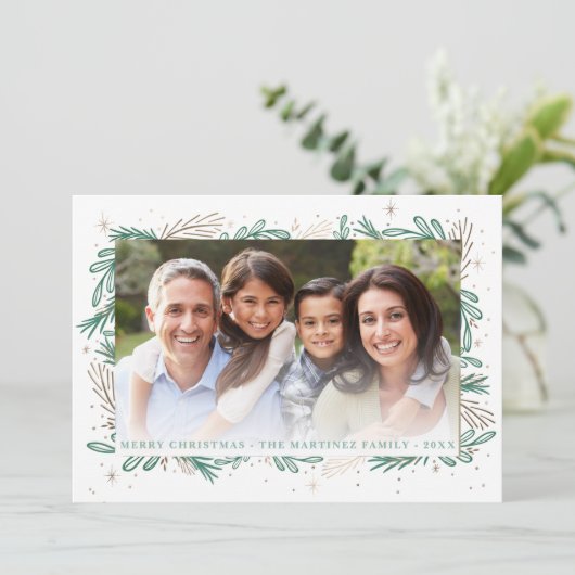 Modern Green Gold Botanical Photo Chistmas Holida Feestdagenkaart (Staand voorkant)