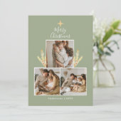 Modern Green & Gold Christmas Tree 3 Photo Collage Feestdagenkaart (Staand voorkant)