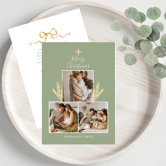 Modern Green & Gold Christmas Tree 3 Photo Collage Feestdagenkaart