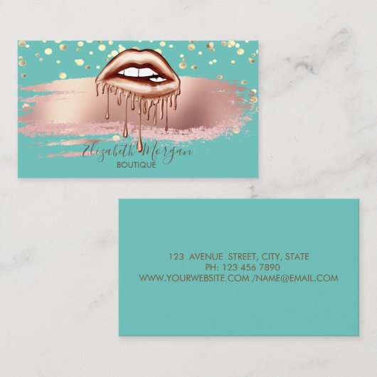 Modern Green Gold Confetti, Brush Stroke Lips Visitekaartje (Voorkant / Achterkant)