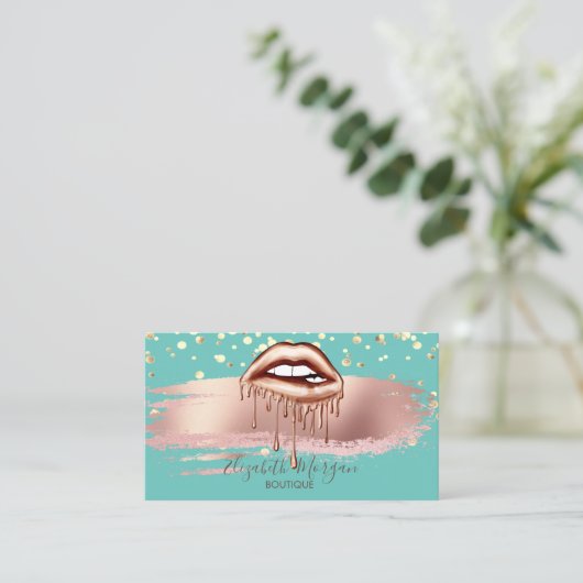 Modern Green Gold Confetti, Brush Stroke Lips Visitekaartje (Staand voorkant)
