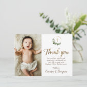Modern Green Gold Cross baptism 1st birthday photo Bedankkaart (Staand voorkant)