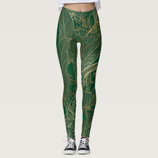 Modern Green Gold Foliage Plant Botanical Design Leggings (Voorkant)
