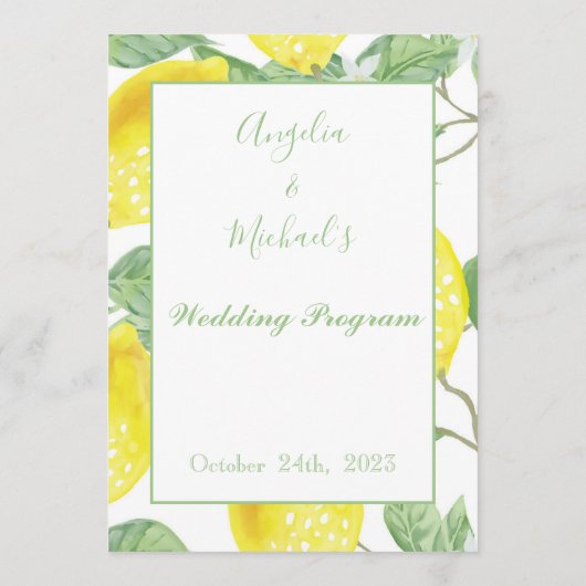 Modern Green Gold Lemon Wedding Programme Programmakaart (Achterkant)