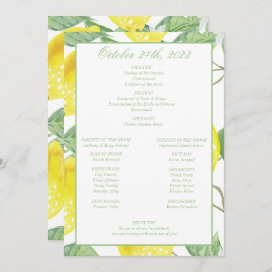 Modern Green Gold Lemon Wedding Programme Programmakaart (Voorkant / Achterkant)