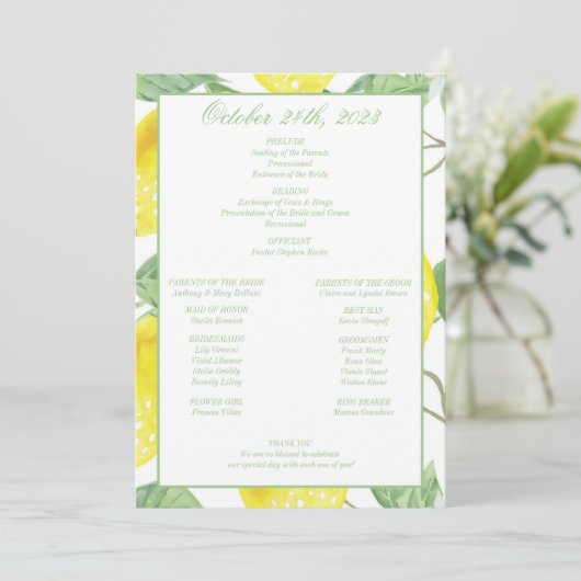 Modern Green Gold Lemon Wedding Programme Programmakaart (Staand voorkant)
