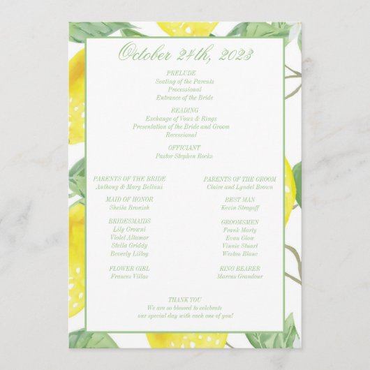 Modern Green Gold Lemon Wedding Programme Programmakaart (Voorkant)