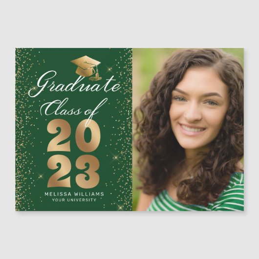 Modern Green Gold Script Pet Glitter Photo Afstude (Voorkant)