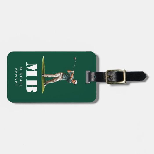 Modern Green Golfer Sport Monogram Bagagelabel (Voorkant horizontaal)