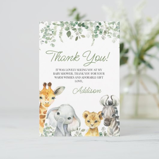 Modern Green Greenery Foliage Safari Baby shower Bedankkaart (Staand voorkant)