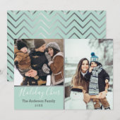 Modern Green Holiday Cheer Faux Silver Foto Feestdagenkaart (Voorkant / Achterkant)