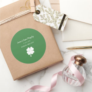 Modern Green Irish Four Leaf Clover Wedding Favor Ronde Sticker
