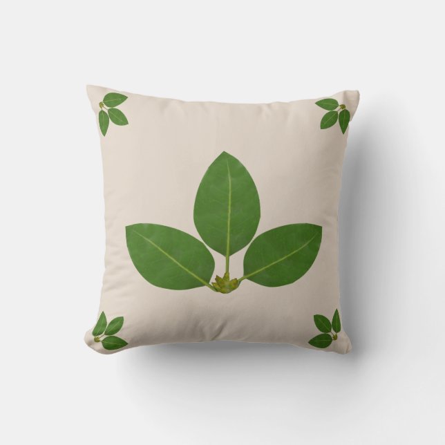 Modern Green Laurel Leaves op Beige Kussen (Voorkant)